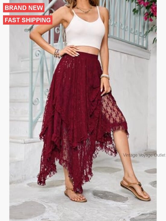 Women's Lace Maxi Skirt Elastic Waist Asymmetrical Hem Beach Cover Up - Picture 3 of 7